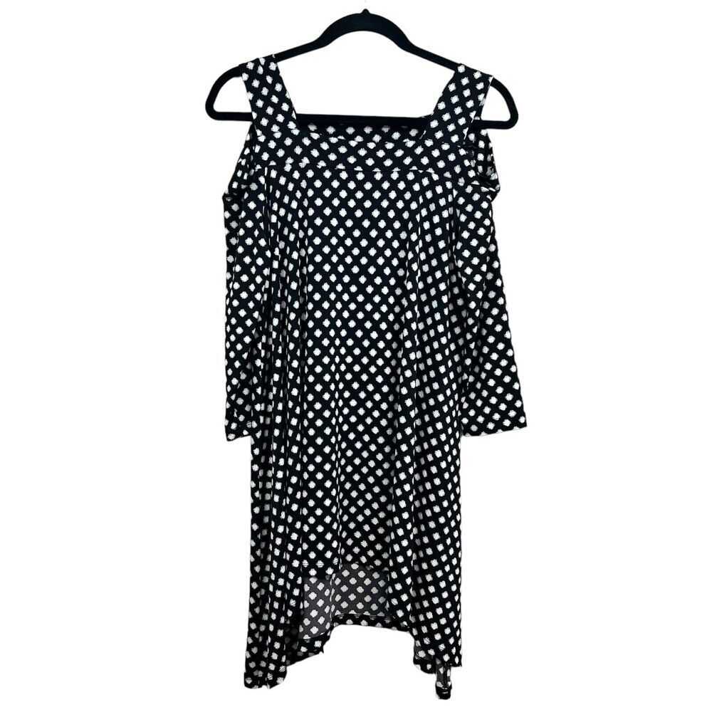 Chico's Womens Cold Shoulder Tunic Top Polka Dot 3/4 Sleeve high Low Hem Sz 0*